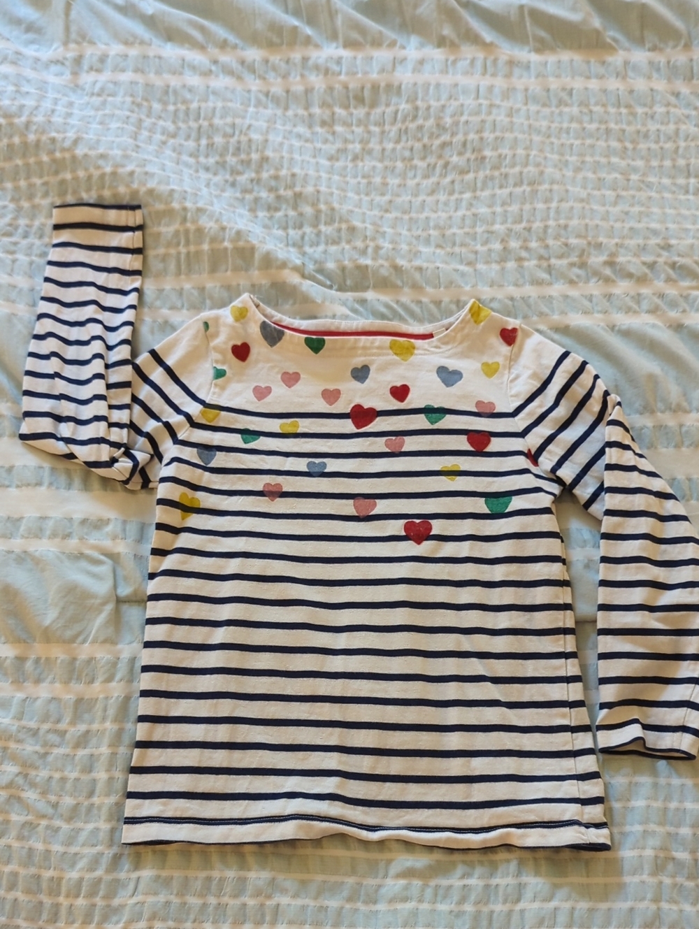 Mini Boden Navy Stripe Long-Sleeve Top with Multicolor Hearts, Girls' 6-7Y